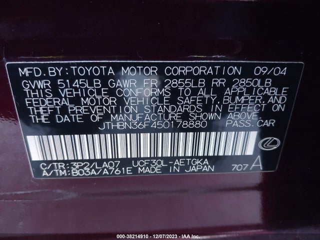 2005 LEXUS LS 430 VIN: JTHBN36F450178880