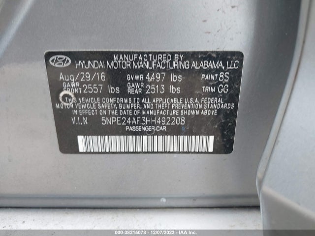 Hyundai Sonata 2.4l 2017 5NPE24AF3HH492208 Image 9