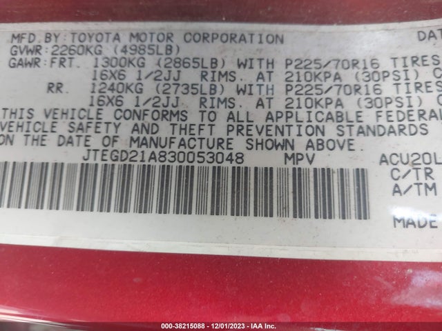 2003 TOYOTA HIGHLANDER BASE (A4) VIN: JTEGD21A830053048