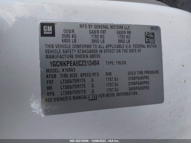 2012 CHEVROLET SILVERADO 1500 WORK TRUCK VIN: 1GCNKPEA8CZ313484