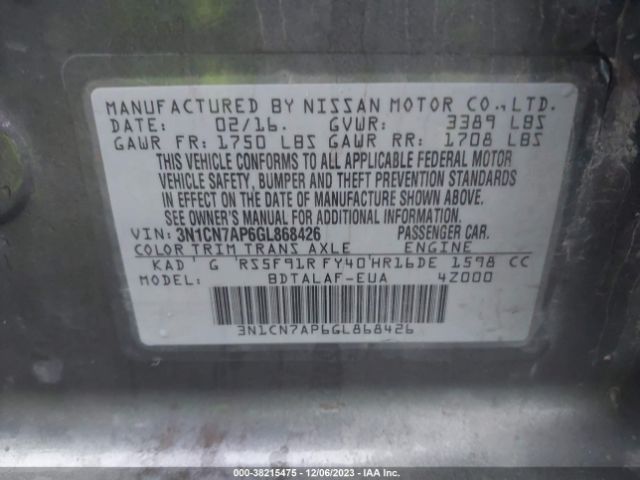 3N1CN7AP6GL868426 Nissan Versa 1.6 S