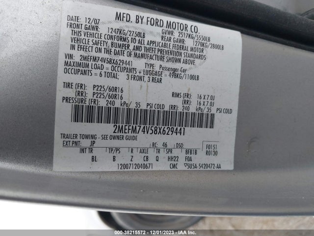 2008 MERCURY GRAND MARQUIS GS VIN: 2MEFM74V58X629441