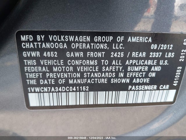 2013 VOLKSWAGEN PASSAT 2.0L TDI SEL PREMIUM VIN: 1VWCN7A34DC041152
