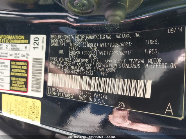 2015 TOYOTA SIENNA XLE 8 PASSENGER VIN: 5TDYK3DC2FS531533