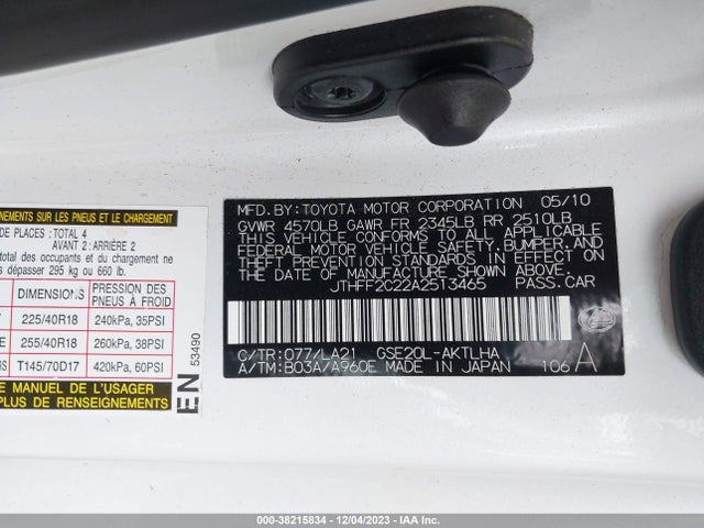2010 LEXUS IS 250C VIN: JTHFF2C22A2513465