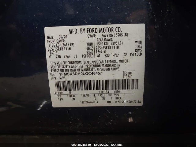 Ford EXPLORER XLT 2020 1FMSK8DH0LGC46457 Image 9