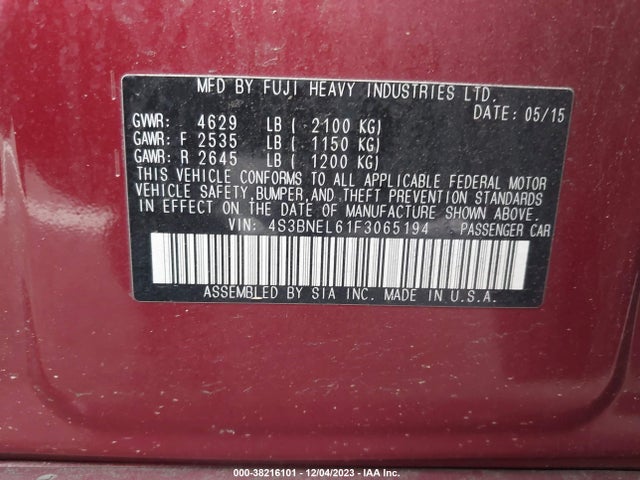 2015 SUBARU LEGACY 3.6R LIMITED VIN: 4S3BNEL61F3065194