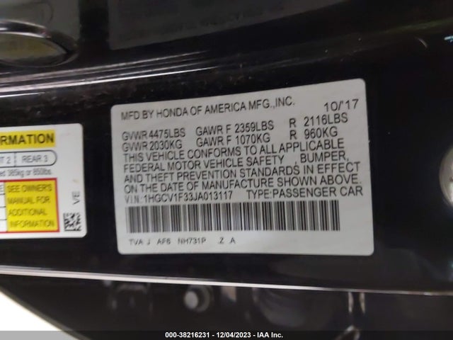 2018 HONDA ACCORD SPORT VIN: 1HGCV1F33JA013117