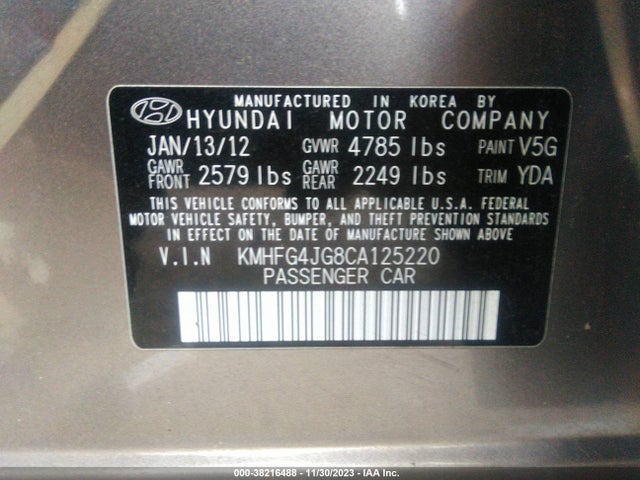 2012 HYUNDAI AZERA VIN: KMHFG4JG8CA125220