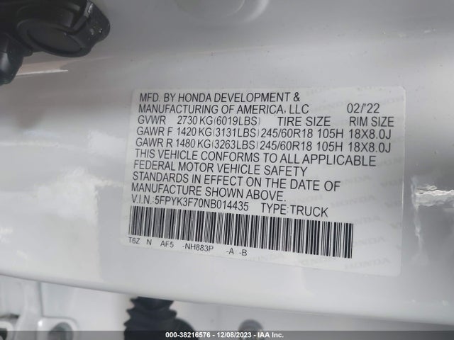Honda Ridgeline Rtl-e 2022 5FPYK3F70NB014435 Image 9