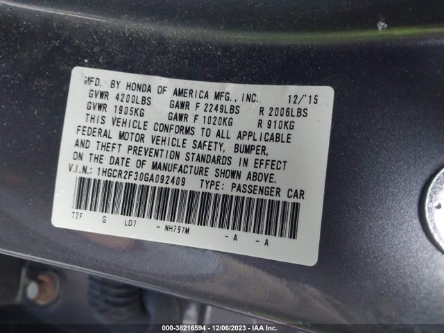 Honda ACCORD LX 2016 1HGCR2F30GA092409 Image 9