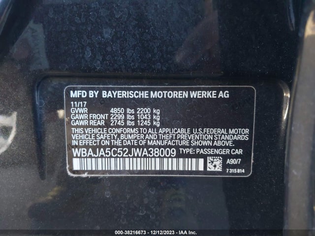 2018 BMW 530I VIN: WBAJA5C52JWA38009
