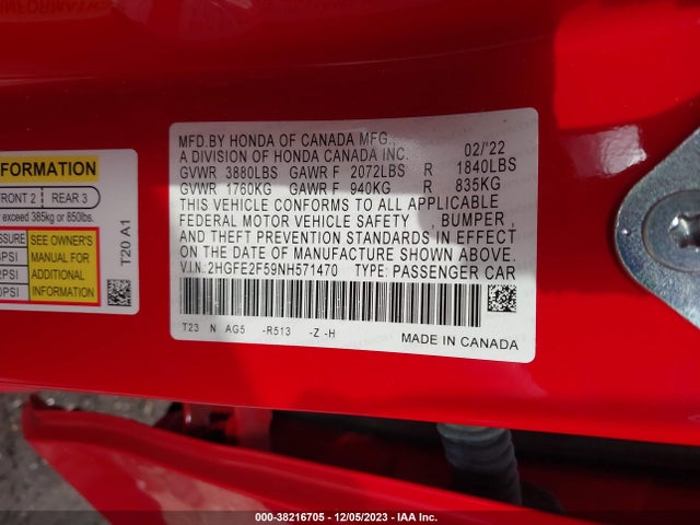 Honda Civic Sport 2022 2HGFE2F59NH571470 Image 9