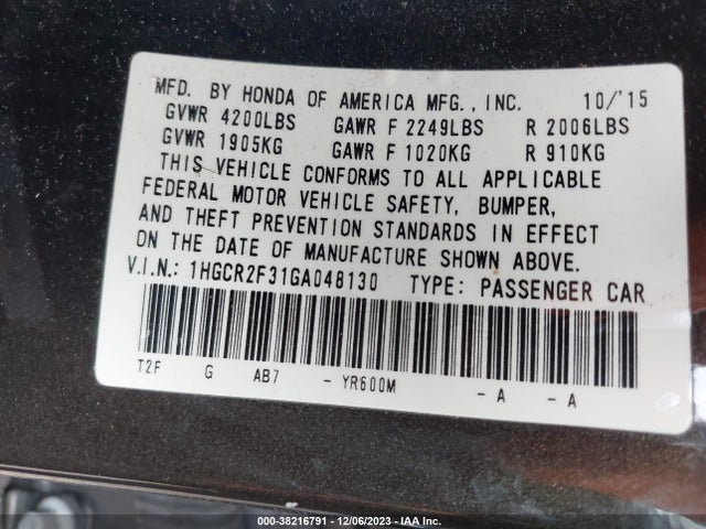 Honda ACCORD LX 2016 1HGCR2F31GA048130 Image 9