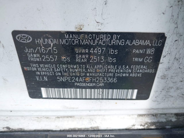 2015 HYUNDAI SONATA SE VIN: 5NPE24AF3FH253366