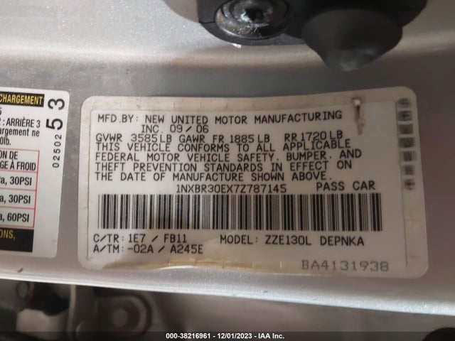 2007 TOYOTA COROLLA LE VIN: 1NXBR30EX7Z787145