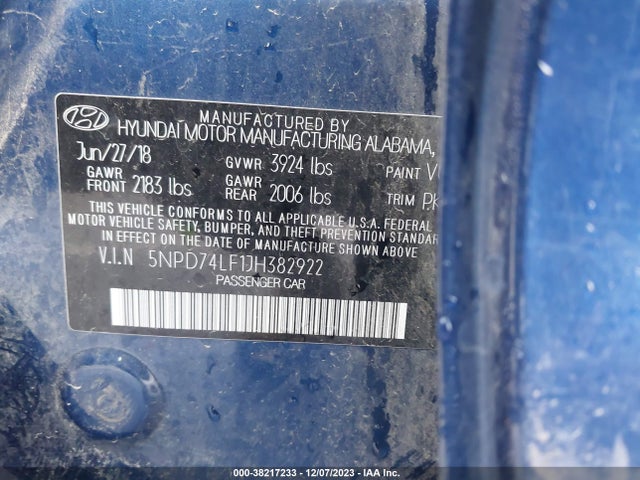 5NPD74LF1JH382922 Hyundai ELANTRA SE