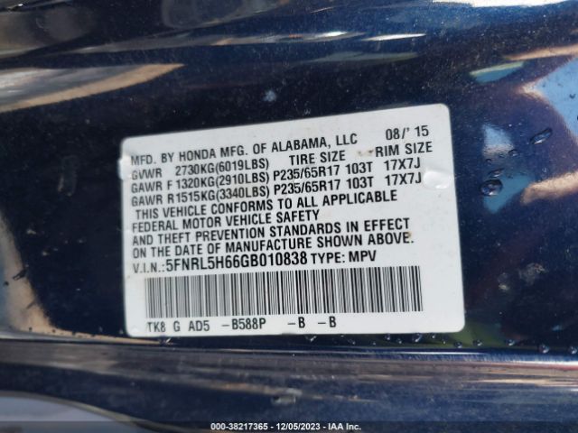 5FNRL5H66GB010838 Honda Odyssey Ex-l