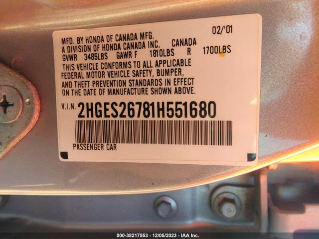2001 HONDA CIVIC EX VIN: 2HGES26781H551680