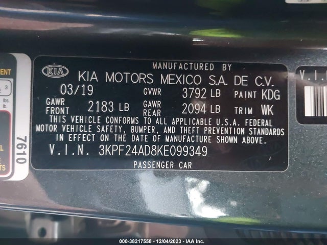 2019 KIA FORTE LXS VIN: 3KPF24AD8KE099349