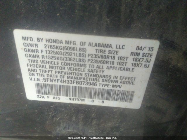 5FNYF4H33FB073946 Honda PILOT SE