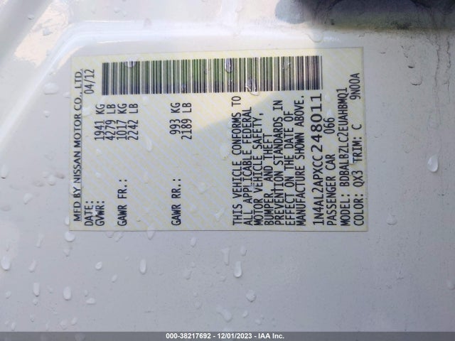 2012 NISSAN ALTIMA 2.5 S VIN: 1N4AL2APXCC248011
