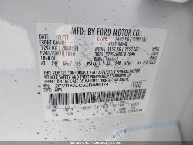 2011 FORD EDGE SEL VIN: 2FMDK3JC6BBA86174