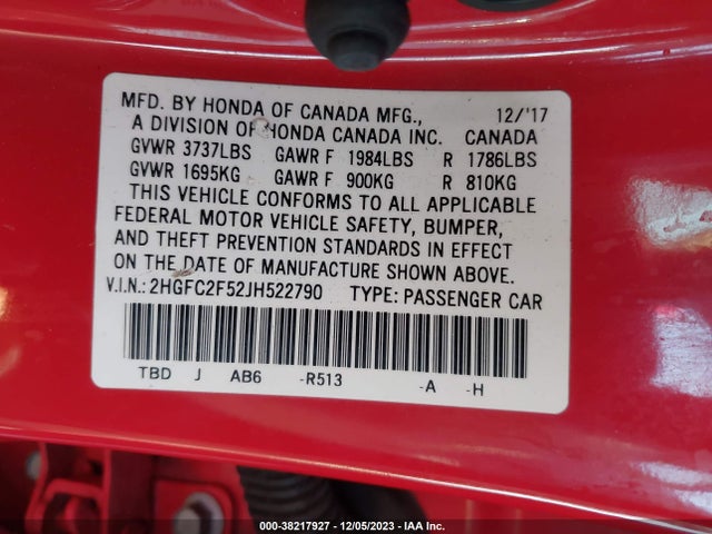 Honda Civic Lx 2018 2HGFC2F52JH522790 Image 9