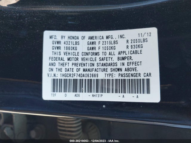 2013 HONDA ACCORD EX VIN: 1HGCR2F74DA063669
