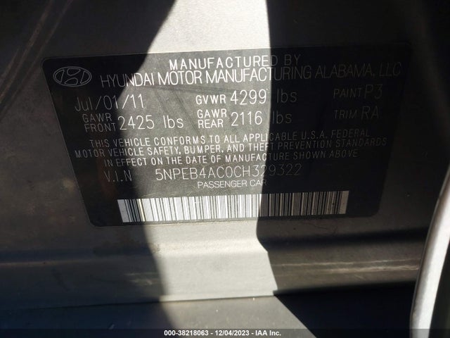 2012 HYUNDAI SONATA GLS VIN: 5NPEB4AC0CH329322
