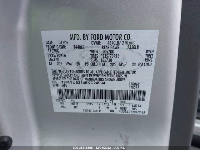 2006 FORD ESCAPE XLT SPORT/XLT VIN: 1FMYU93146KC24994