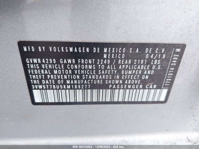 2019 VOLKSWAGEN JETTA GLI VIN: 3VW5T7BU5KM189277