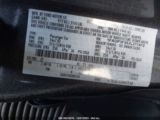 2018 FORD FOCUS SE VIN: 1FADP3F26JL211412