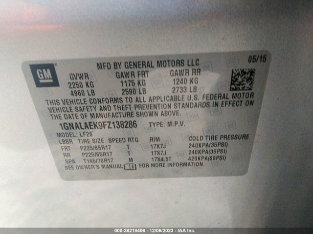 Chevrolet EQUINOX LS 2015 1GNALAEK9FZ138286 Image 9