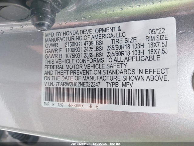 2022 HONDA CR-V AWD EX-L VIN: 7FARW2H82NE022347