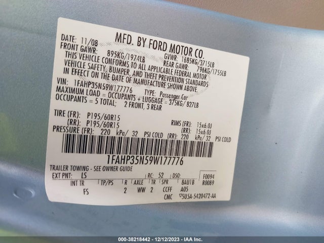 2009 FORD FOCUS SE VIN: 1FAHP35N59W177776