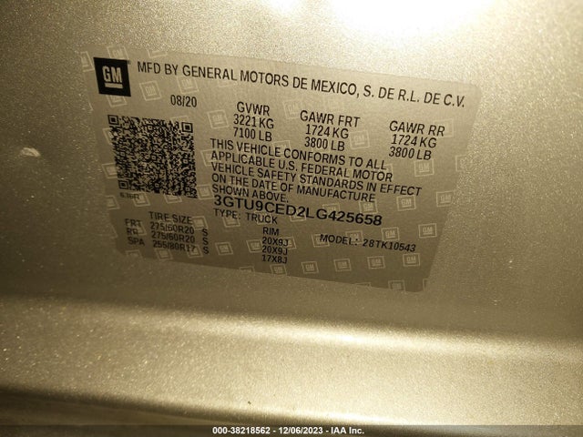 2020 GMC SIERRA 1500 4WD SHORT BOX ELEVATION VIN: 3GTU9CED2LG425658