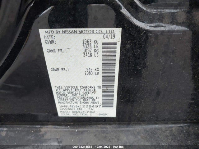 2019 NISSAN ALTIMA 2.5 S VIN: 1N4BL4BV6KC229497