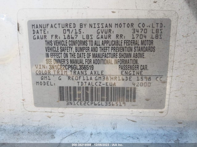 Nissan Versa Note S Plus/sv/sr/s (sr)/sl 2016 3N1CE2CP6GL356519 Image 9