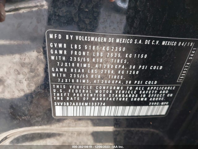 2019 VOLKSWAGEN TIGUAN SE/SEL/SEL R-LINE/SEL R-LINE BLACK VIN: 3VV3B7AX0KM133774