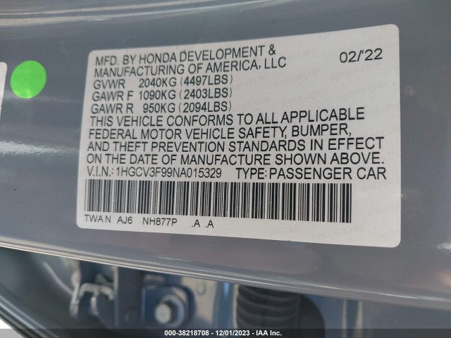 2022 HONDA ACCORD HYBRID TOURING VIN: 1HGCV3F99NA015329