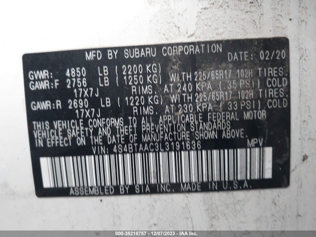 2020 SUBARU OUTBACK VIN: 4S4BTAAC3L3191636
