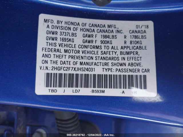 Honda CIVIC EX 2018 2HGFC2F7XJH524031 Image 9