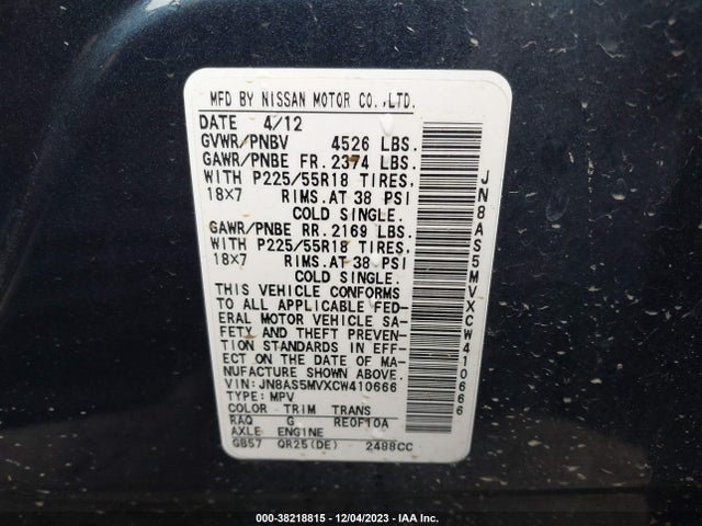 2012 NISSAN ROGUE SV W/SL PKG VIN: JN8AS5MVXCW410666