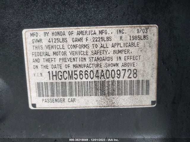 2004 HONDA ACCORD 2.4 EX VIN: 1HGCM56604A009728