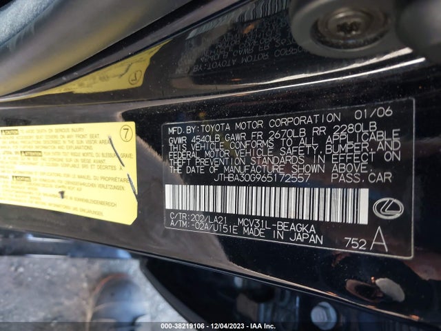 38219106 :رقم المزاد ، JTHBA30G965172557 vin ، 2006 Lexus Es 330 مزاد بيع