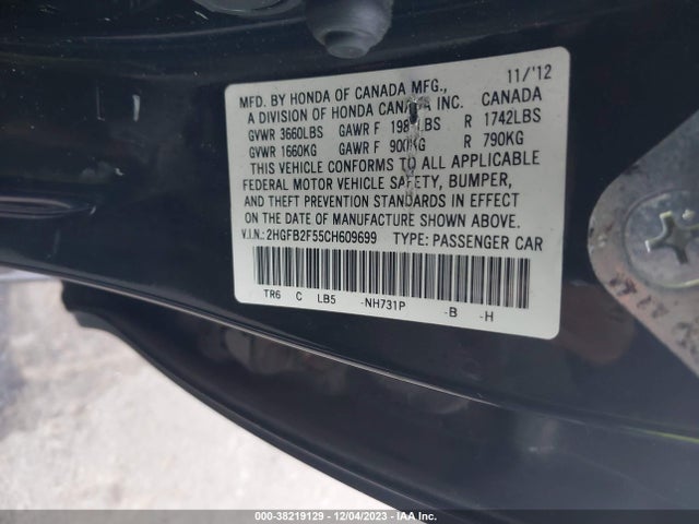 2012 HONDA CIVIC LX VIN: 2HGFB2F55CH609699
