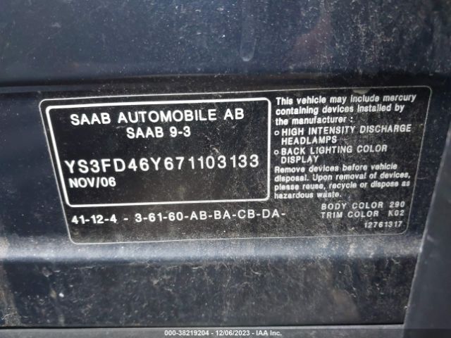 2007 SAAB 9-3 YS3FD46Y671103133 Photo 8