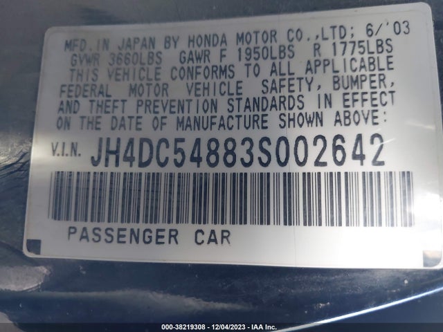 2003 ACURA RSX VIN: JH4DC54883S002642