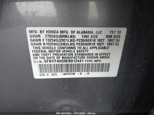 5FNYF4H59EB012441 Honda Pilot Ex-l